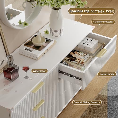 Wood Tall 6 Drawers Dresser, 53.2" W Fluted Modern Dressers for Bedroom - Image 4
