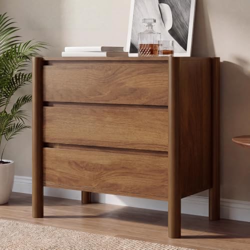 HOUROM Walnut 3 Drawer Dresser for Bedroom, Mid Century Modern Chest by HOUROMDresserforBedroom