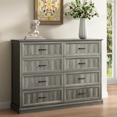 Farmhouse 8 Drawer Dresser for Bedroom, 55" Grey Dresser with TV Stand by CARPETNAL