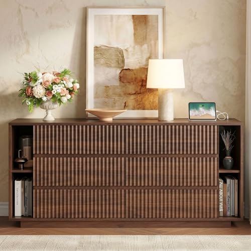 Whalefall 63 Inch Fluted 6 Drawers Dresser with Shelves, Walnut by Whalefall