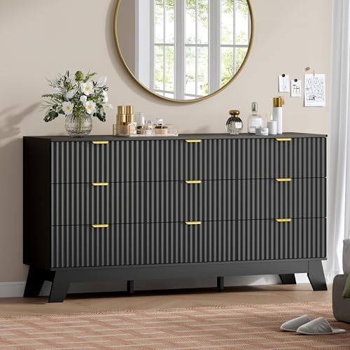 Wodeer 9 Drawer Fluted Dresser for Bedroom, Mid Century Modern Dresser with 9 Drawers, Dressers & Chests of Drawers with Metal Handle, TV Stand & Storage Organizer for Entryway, Hallway, Black by WODEER