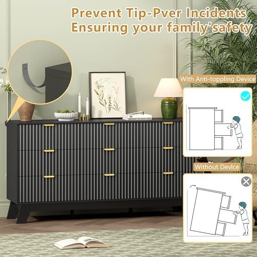 Wodeer 9 Drawer Fluted Dresser for Bedroom, Mid Century Modern Dresser with 9 Drawers, Dressers & Chests of Drawers with Metal Handle, TV Stand & Storage Organizer for Entryway, Hallway, Black - Image 6