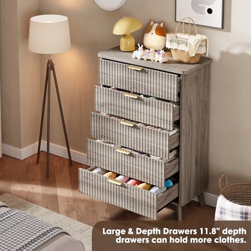 GarveeHome Fluted Dresser for Bedroom with 5 Deep Drawers, Grey - Image 5