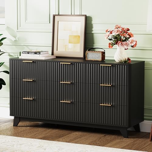 Bonnlo Fluted Dressers Chest of Drawers,57" Fluted Wide Modern Dresser with Metal Handle, Curved Profile Design, Wood Drawer Organizer for Bedroom, Black - Image 7