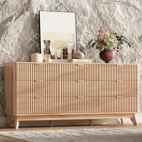 63" Wide Fluted 9 Drawers Dresser for Bedroom,Curved Edge,Oak - Image 3