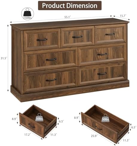Farmhouse 7 Drawer Dresser for Bedroom, 55" Walnut Dresser with TV Stand - Image 2