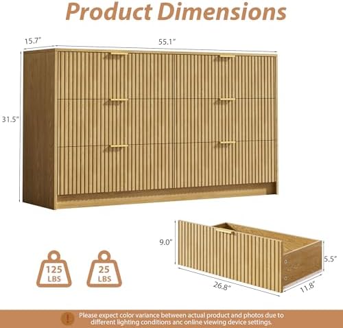 MAISONARIA 6 Drawer Dresser for Bedroom, 55" Wide Modern Chest of Drawers with Gold Metal Handles, Fluted Wood TV Stand for Living Room, Hallway, Natural - Image 2