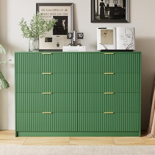Furniway Green Dresser for Bedroom, Modern Dresser with 8 Drawers and Smooth Slides, Wide Chest of Drawers with Golden Handles for Bedroom, Closet, 15.7" D x 55" W x 37.4" H - Image 6