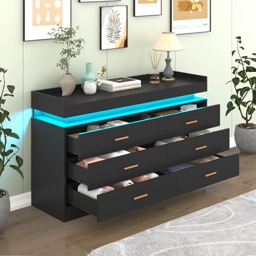 Hlivelood 6 Drawer Dresser with LED Light and Charging Station, Modern Chest of Drawers for Closet, Wide Drawer Organizer Cabinet for Bedroom, Living Room, Entryway, Hallway(Black) - Image 3