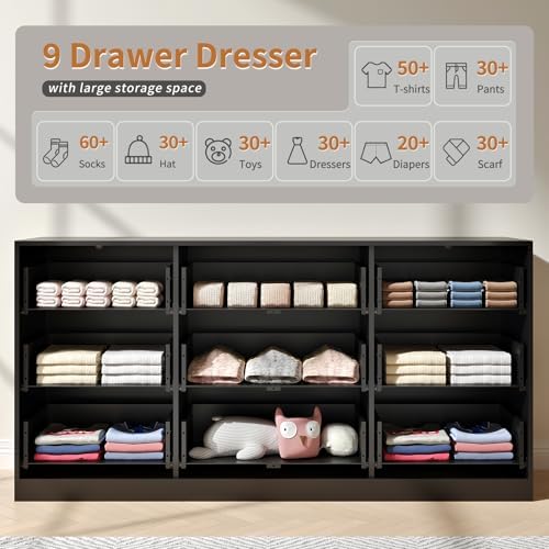 Black Dresser with 9 Drawer 63" Wide Fluted Dresser for Bedroom丨Long Dresser Modern Chest of Drawers with Gold Handle, Wood TV Stand Storage Organizer for Bedroom, Living Room, Black - Image 3