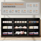 Black Dresser with 9 Drawer 63" Wide Fluted Dresser for Bedroom丨Long Dresser Modern Chest of Drawers with Gold Handle, Wood TV Stand Storage Organizer for Bedroom, Living Room, Black - Image 3