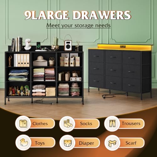 WLIVE Black Dresser TV Stand 9 Drawers, Fabric Chest of Drawers LED Lights - Image 5