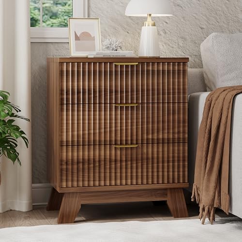 Xixini Fluted Nightstand with 3 Drawers, 24" Wide Side Table, Walnut - Image 3