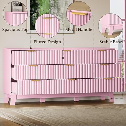 BORNOON Fluted 9 Drawer Dresser, 57.1" Wide Modern Boho Chest of Drawers, Wooden Storage Dresser TV Stand for Bedroom, Living Room, Closet, Hallway, Curved Profile Design - Image 4