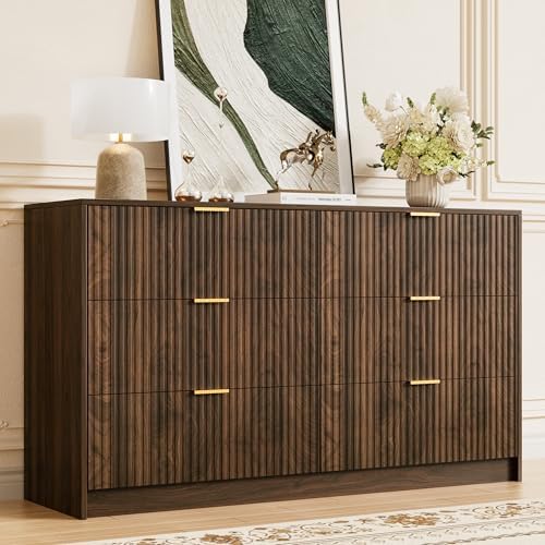 Furniway Walnut Dresser for Bedroom, Modern Dresser with 6 Drawers and Smooth Slides, Wide Chest of Drawers with Golden Handles for Bedroom, Living Room, Closet, 15.7" D x 55.1" W x 31.4" H by Furniway