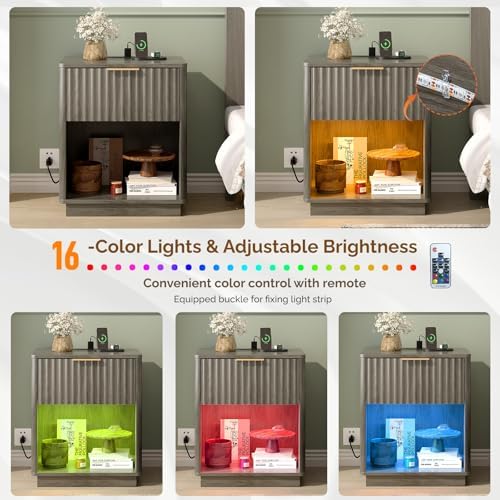 VINGLI Night Stands Set 2 with Charging Station, LED Nightstand Fluted with Rounded Edge, 19" W Mid Century Modern Nightstand for Bedroom, Fluted Night Stand/End Table/Bed Side Table, Grey - Image 6