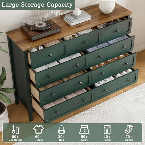 Tradare Dresser for Bedoom, Modern Chest of Drawers, Wood 9 Drawer Dresser with Metal Handles, Storage Organizer Wide Dressers for Living Room, Hallway, Entryway, Green - Image 6