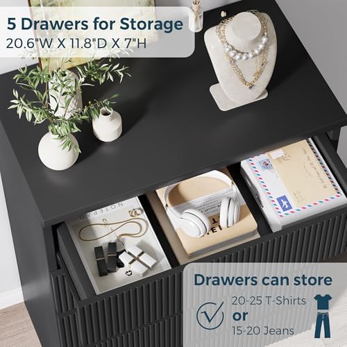 Jocoevol 5 Drawer Dresser, 43" Tall Dresser Chest of Drawers Fluted Design, Wood Mid Century Vertical Dresser Natural Texture for Bedroom, Black Dresser - Image 5