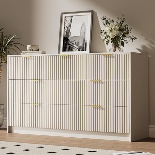 MAISONARIA Beige 7 Drawer Dresser for Bedroom, 55.9" Wide Modern Fluted Dresser with Gold Metal Handles, Wide Chest of Drawers for Bedroom, Living Room, Entryway, Hallway by MAISONARIA