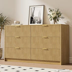 MAISONARIA 6 Drawer Dresser for Bedroom, 55" Wide Modern Chest of Drawers with Gold Metal Handles, Fluted Wood TV Stand for Living Room, Hallway, Natural by MAISONARIA
