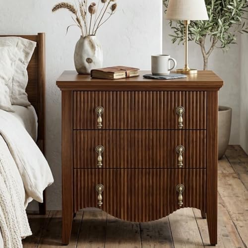 FUSUNBAO Fluted Nightstand with Charging Station & 3 Drawers,Dresser Walnut by FUSUNBAO