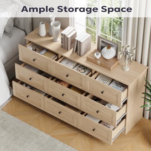 Furnify 9 Drawer Dresser, 59" Wide Dresser for Bedroom, Modern Large Chest of Drawers, TV Stand for 65 inch, Storage Organizer with Metal Handles for Bedroom, Living Room, Hallway, Natural - Image 3