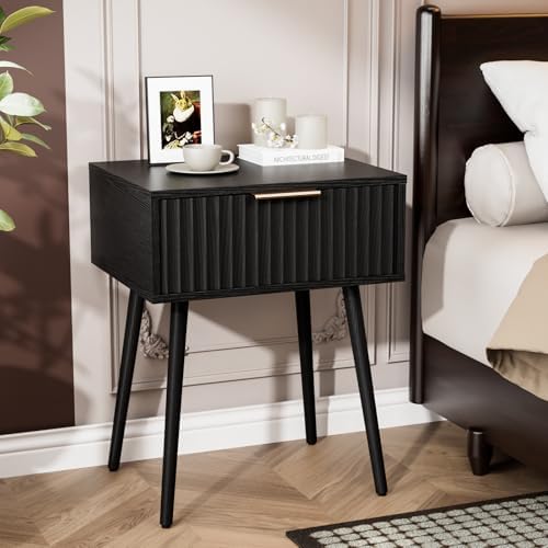 VINGLI Fluted Nightstand with Drawer, 19" W Mid Century Modern Nightstand for Bedroom, Bedside Table, End Tables Bedroom, Wood Night Stand, Black, 18.9" W*14.96" D*24" H - Image 6