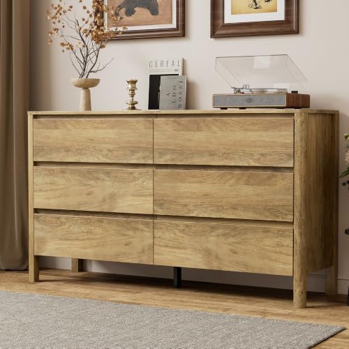 55.1" Wide 6 Drawer Wood Dresser for Bedroom with Legs, Natural Oak by Furniway
