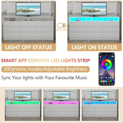 Gyfimoie 63" White 9-Drawer Dresser for Bedroom w/Power Outlet, LED Light - Image 6
