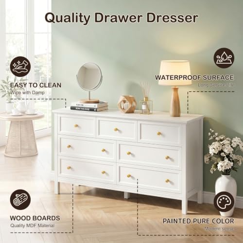 CARPETNAL 55" White Dresser for Bedroom with 7 Drawers & Modern Gold Handle - Image 6