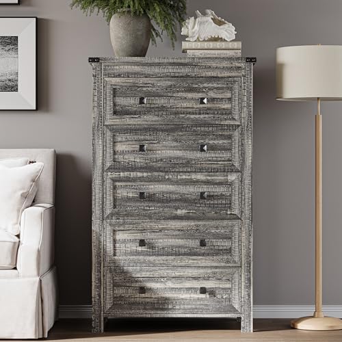 BORNOON Tall 5-Drawer Dresser, Modern Wooden Storage Chest of Drawers, Dresser TV Stand, Wood Drawer Organizer with Metal Handles for Bedroom, Living Room, Hallway - Image 3