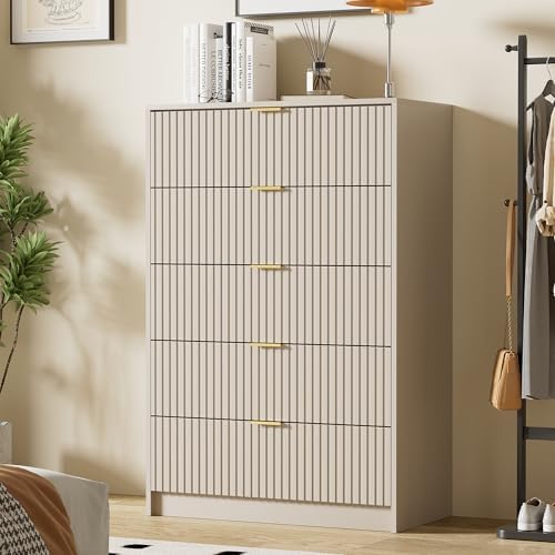 Furniway Beige Dresser for Bedroom, Modern Dresser with 5 Drawers and Smooth Slides, Wide Chest of Drawers with Golden Handles for Bedroom, Living Room, Closet, 15.7" D x 31.5" W x 47.2" H - Image 4