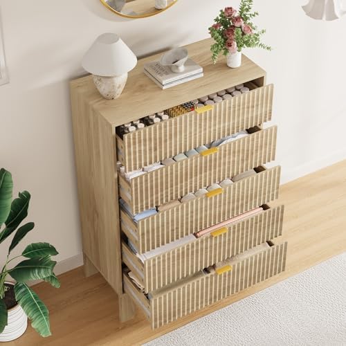Garvee 5 Drawer Dresser for Bedroom, 47" Tall Fluted Chest of Drawers, Oak - Image 3