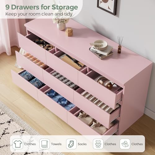 Pink 9 Drawer Dresser for Bedroom,Modern Wood Dressers & Chest of Drawers with No-Handle Design, Long Dressers for Closet Living Room,Nursery,Hallway (59.06 * 32.28 * 14.57 in) - Image 3
