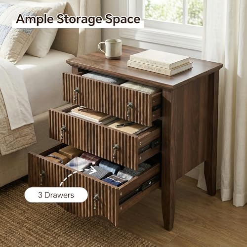 FUSUNBAO Fluted Nightstand with Charging Station & 3 Drawers,Dresser Walnut - Image 7