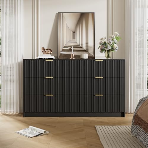 Furniway Black Dresser for Bedroom, Modern Dresser with 6 Drawers and Smooth Slides, Wide Chest of Drawers with Golden Handles for Bedroom, Living Room, Closet, 15.7" D x 55.1" W x 31.4" H - Image 6