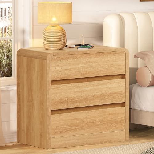 TEENFON Nightstands Set of 2, Night Stand with 3 Storage Drawer and Charging Station, Modern End Tables Wide Night Stands for Bedroom Sofa Couch Home Office, Natural - Image 2