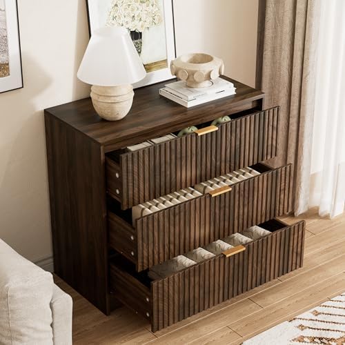 Furniway Walnut Dresser for Bedroom, Modern Dresser with 3 Drawers and Smooth Slides, Wide Chest of Drawers with Golden Handles for Bedroom, Living Room, Closet, 15.7" D x 31.5" W x 29.6" H - Image 4
