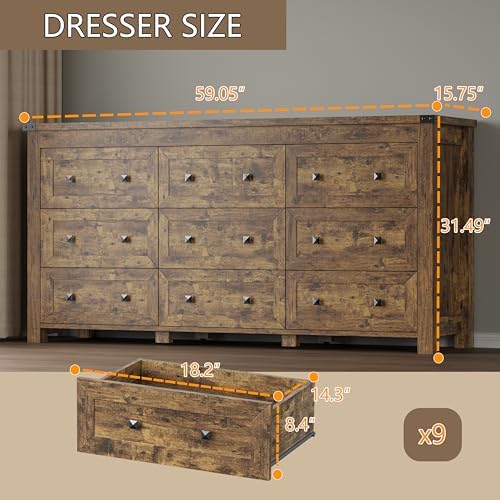 BORNOON 9-Drawer Dresser, Modern Wooden Storage Chest of Drawers, Dresser TV Stand, Wood Drawer Organizer with Metal Handles for Bedroom, Living Room, Hallway - Image 2