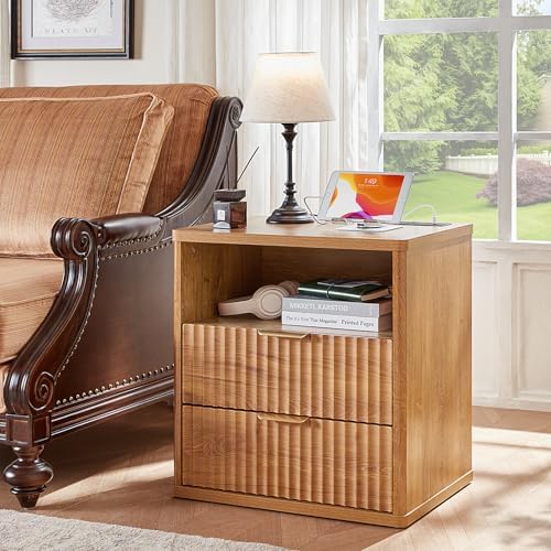 LEYAOYAO Fluted Nightstand with Charging Station, 23" Modern Night Stand with Woodgrain Top, 2 Drawers End Table w/Storage, Bedside Tables for Bedroom, Living Room, Curved Profile Design,Brown - Image 5