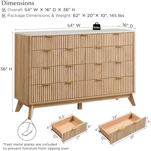 T4TREAM 54" Wide Fluted 9 Drawer Dresser for Bedroom, Natural Oak - Image 2