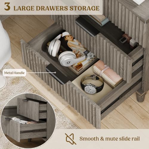 3 Drawers Nightstands Set of 2 w/Charging Station, Modern Fluted Dresser - Image 4