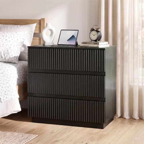 Karl home Black 3 Drawer Fluted Nightstand, Modern Storage Chest of Drawers - Image 2