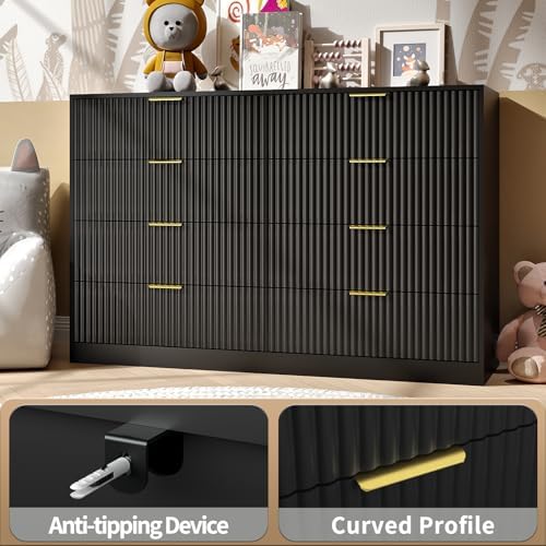 Black Dresser with 8 Drawer 55" Wide Fluted Dresser for Bedroom丨Double Drawer Dresser Modern Chest of Drawers with Gold Handle, Wood TV Stand for Bedroom, Living Room, Entryway, Black - Image 4