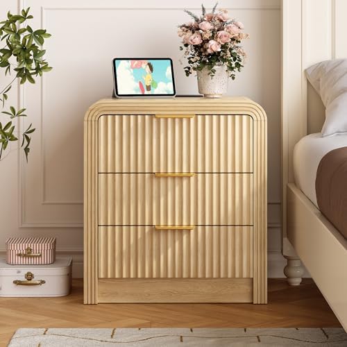 Decofy Fluted 3-Drawer Nightstand with Charging Station,Natural Oak - Image 6