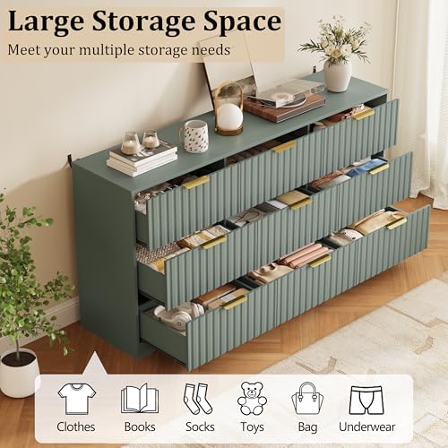 Fluted 9 Drawers Dresser for Bedroom, 63" Wide Wood Dressers, Green - Image 3