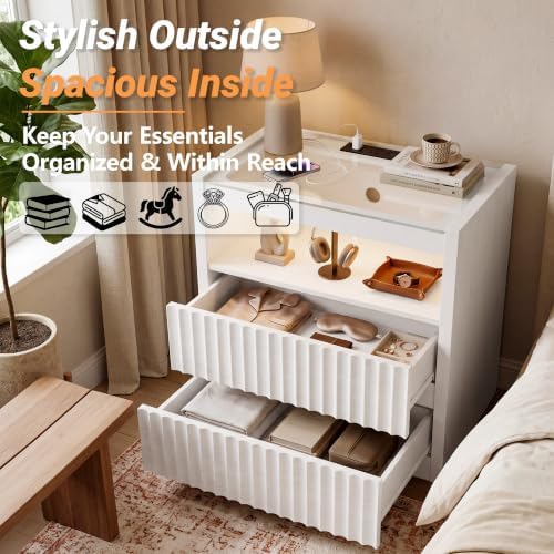 Modern Nightstand with Charging Station,Fluted 2 Drawers,White Oak Finish - Image 6