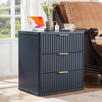 LEYAOYAO Fluted Nightstand with Charging Station, 23" Modern Night Stand with Woodgrain Top, 3 Drawers End Table w/Storage, Bedside Tables for Bedroom, Living Room, Curved Profile Design, Blue by LEYAOYAO-Findtheshiningpointofyourideallife%EF%BC%81