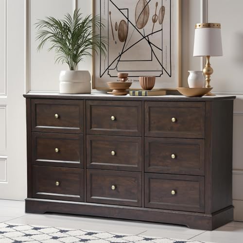 LOUVIXA Farmhouse Dresser 9 Drawer, Bedroom Chest of Drawers, Dressers with 9 Drawers, Wooden Dressers for Bedroom, Living Room, Tv Stand, Entryway(Vintage Brown) - Image 7