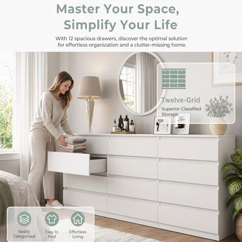 Spaco White 12 Drawer Dresser for Bedroom,Modern Long Deep Drawer Dresser,Wood Storage Chest of Drawer, Storage Organizer Drawers for Living Room - Image 3
